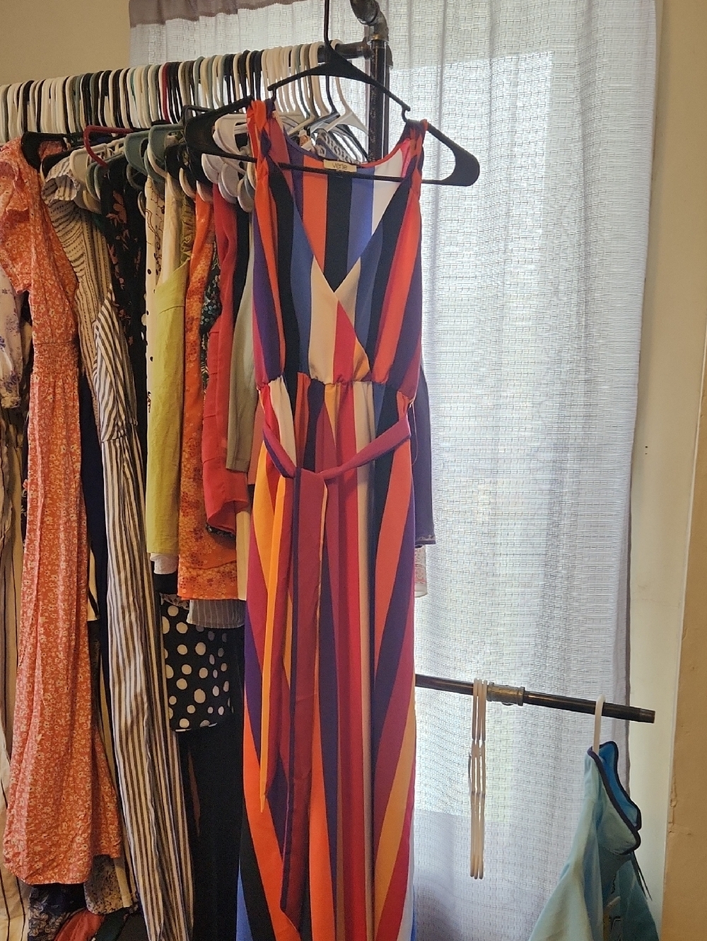 Sleeveless Multicolor Striped Maxi Dress with Waist Tie